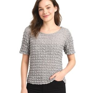 FC Gray‎ Silver Crinkle Plisse Blouse Womens Stretch Scoop Neck Short Sleeve